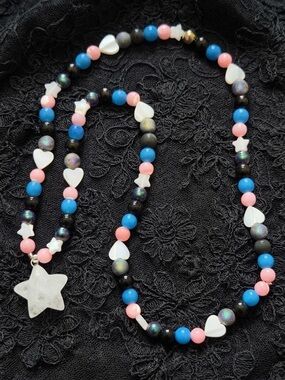 Cupid’s Candy Necklace (Pink & White MOP, Rainbow Druzy Agate, Blue Jelly Glass)